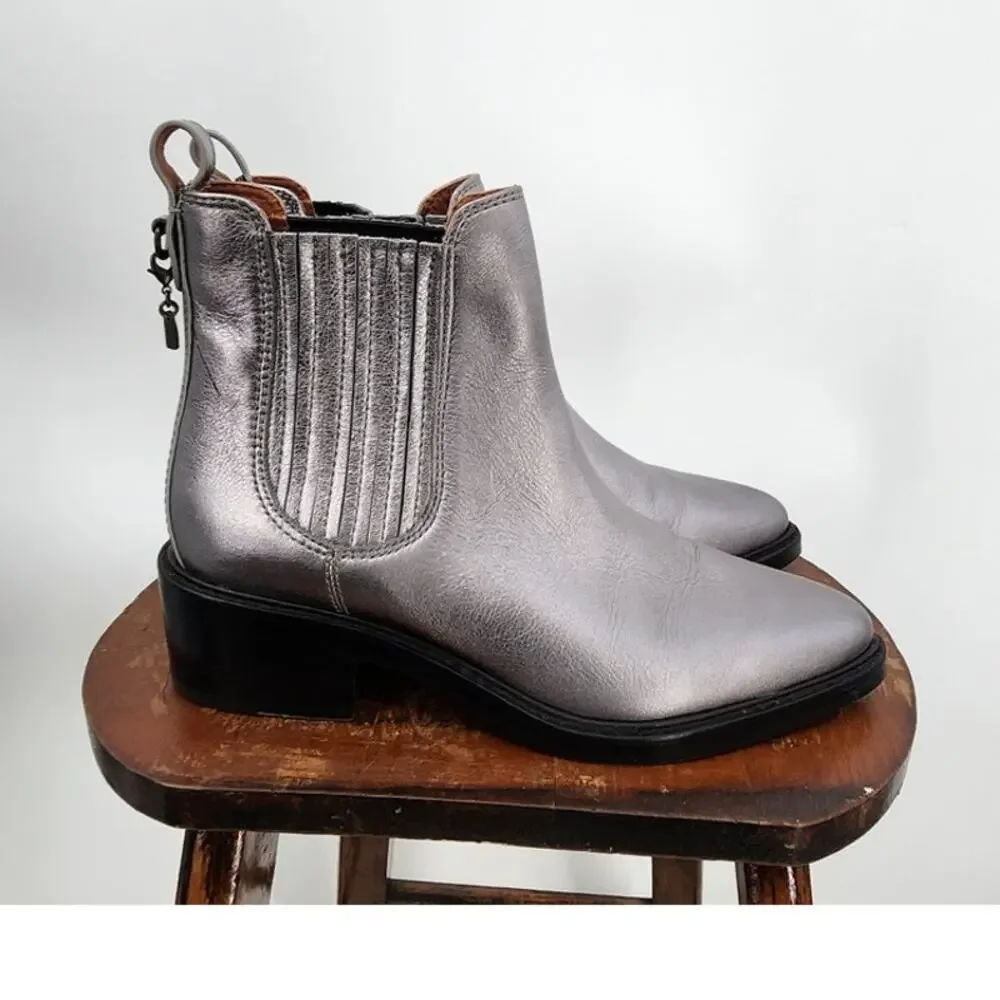 Coach‎ Bowery Chelsea Boot Silver Metallic Leather Comfort Ankle Size 7